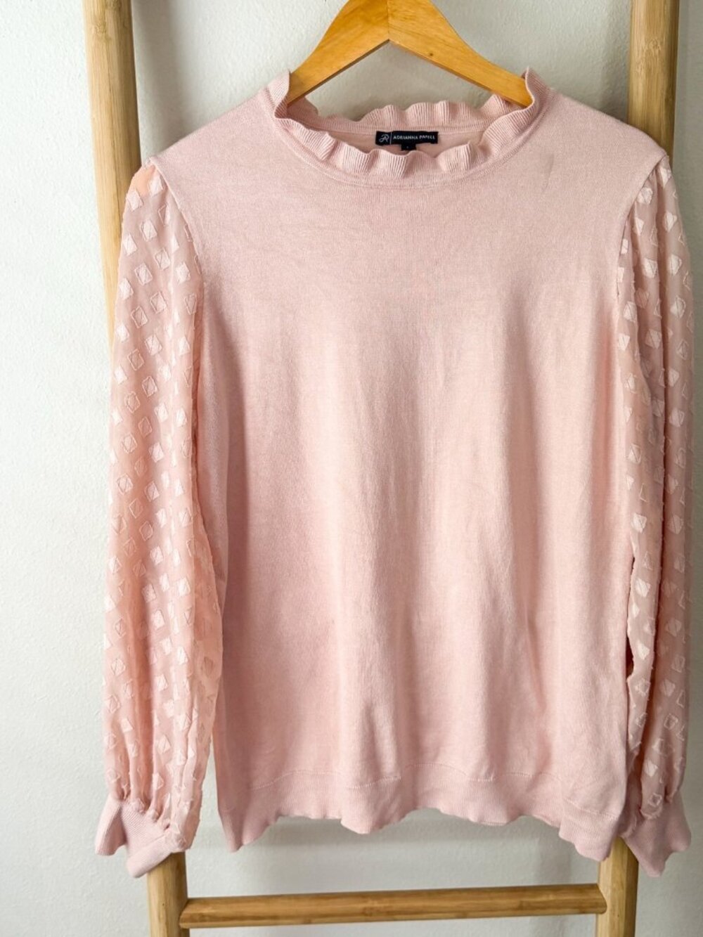 Adrianna Papell Pink Swiss Dot Sheer Sleeve Ruffle Sweater Top Large - Picture 1 of 5
